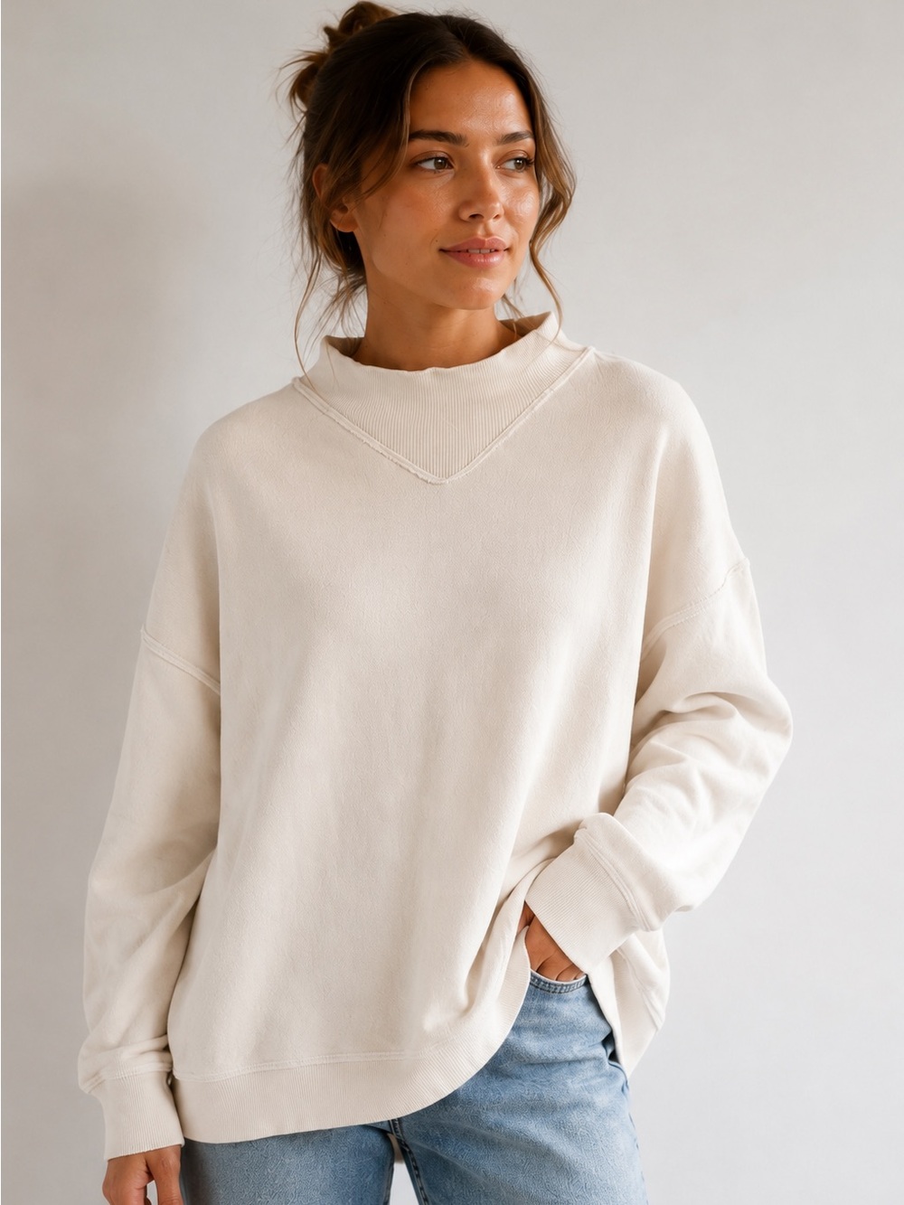 MATE the Label Organic Fleece Oversized Mock Neck Sweatshirt Bone Sz Large